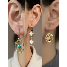 NKT Collection Tablet Kutup Yıldızı Beyaz Yonca Hayat Ağacı Sembol Figürlü 3’lü Kadın Küpe Set