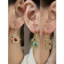 NKT Collection Kaktüs Tablet Kutup Yıldızı Ay Güneş Sembol Figürlü 3’lü Kadın Küpe Set