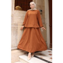 Scuba Kumaş Tesettür Tunik Etek Ikili Takım 0221-03 Taba