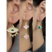 NKT Collection Mavi Kutup Yıldızı Pembe Yonca Göz Sembol Figürlü 3’lü Kadın Küpe Set