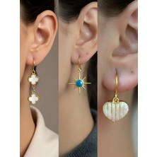 NKT Collection Beyaz Kalp Mavi Kutup Yıldızı Beyaz Yonca Sembol Figürlü 3’lü Kadın Küpe Set