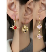 NKT Collection Pembe Yonca Kırmızı Kutup Yıldızı Hayat Ağacı Sembol Figürlü 3’lü Kadın Küpe Set