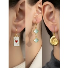 NKT Collection Deniz Kabuğu Turkuaz Yonca Kupa As Sembol Figürlü 3’lü Kadın Küpe Set