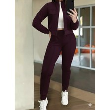 Arben Boutique Kadın Uzun Kollu Önden Fermuarlı Kısa Modal Mor Ceket ve Pantolon Ikili Takım