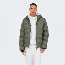 Only & Sons Union Seamless Life Puffer Erkek Gri Kapüşonlu Mont