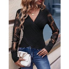 Giyimodam Kadın Uzun Kollu Kruvaze Yakalı Şardonlu Kaşkorse Bluz