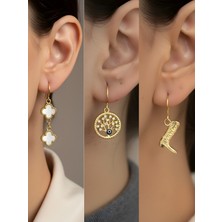 NKT Collection Kovboy Çizmesi Beyaz Yonca Hayat Ağacı Sembol Figürlü 3’lü Kadın Küpe Set