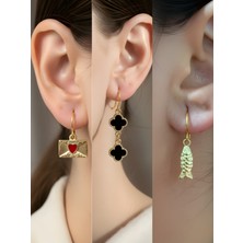 NKT Collection Balık Siyah Yonca Kalp Zarf Sembol Figürlü 3’lü Kadın Küpe Set