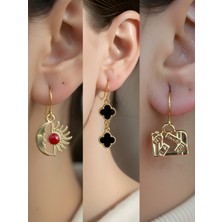 NKT Collection Bavul Siyah Yonca Ay Güneş Sembol Figürlü 3’lü Kadın Küpe Set