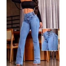 Mareandpanda Kadın Yüksek Bel Yanları Lastik önü Düğmeli Kot Pantolon