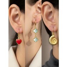 NKT Collection Deniz Kabuğu Turkuaz Yonca Kırmızı Kalp Sembol Figürlü 3’lü Kadın Küpe Set