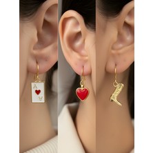 NKT Collection Kovboy Çizmesi Kırmızı Kalp Kupa As Sembol Figürlü 3’lü Kadın Küpe Set