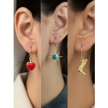NKT Collection Kovboy Çizmesi Mavi Kutup Yıldızı Kırmızı Kalp Sembol Figürlü 3’lü Kadın Küpe Set