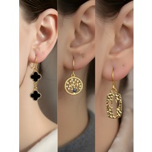 NKT Collection Kaktüs Siyah Yonca Hayat Ağacı Sembol Figürlü 3’lü Kadın Küpe Set