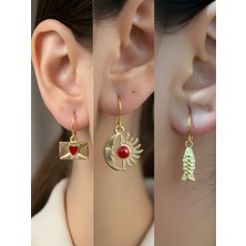 NKT Collection Balık Ay Güneş Kalp Zarf Sembol Figürlü 3’lü Kadın Küpe Set