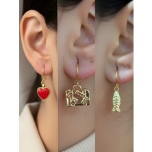 NKT Collection Balık Bavul Kırmızı Kalp Sembol Figürlü 3’lü Kadın Küpe Set