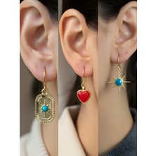 NKT Collection Mavi Kutup Yıldızı Tablet Kutup Yıldızı Kırmızı Kalp Sembol Figürlü 3’lü Kadın Küpe Set