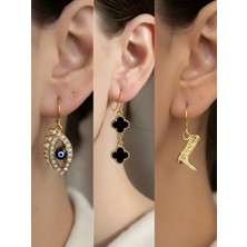 NKT Collection Kovboy Çizmesi Siyah Yonca Nazar Göz Sembol Figürlü 3’lü Kadın Küpe Set