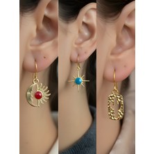 NKT Collection Kaktüs Mavi Kutup Yıldızı Ay Güneş Sembol Figürlü 3’lü Kadın Küpe Set