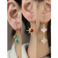 NKT Collection Pembe Yonca Tablet Kutup Yıldızı Kırmızı Kutup Yıldızı Sembol Figürlü 3’lü Kadın Küpe Set