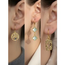 NKT Collection Kaktüs Turkuaz Yonca Hayat Ağacı Sembol Figürlü 3’lü Kadın Küpe Set