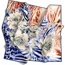 Violla Twill Renkli Şerit Desenli Indigo - Taba  Renkli 90X90 Eşarp (Ipek Içermez) Kenar Dikiş Şekli El Dikişli