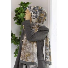 Vissona Lüks Medine Ipeği Yonca Desenli Gri Renkli 75X195 Kırışmaz Şal Moss Krep Dikiş Tipi Italyan Dikişli