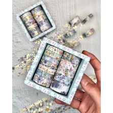 Limmy Kare Vintage Washi Tape Bant Yapışkanlı Maskeleme Kağıdı Desenli Bant 12'li - Mavi Çiçekler