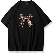 Trendiz Kadın Leopar Kurdele Tshirt Siyah