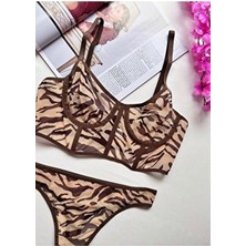 Rozenin Lingerie Kahverengi Desenli Korseli Kapsız Büstiyer Sütyen Takımı