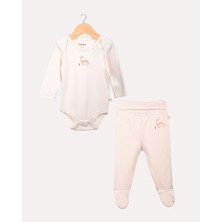 Hoogie 2'li Dinozor Desenli %100 Organik Pamuk Alt Üst Takım - Ekru & Pudra