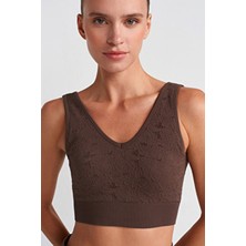 Dantel Görünümlü Pedli V Yaka Spor Sütyeni Chocolate