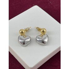 Calista Aksesuar Gümüş Kalpli Altın Toplu Sallantılı Çift Renkli Küpe