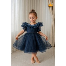 Minimony 2-8 Yaş Gül Yakalı Grenli Kabarık Tül Kız Bebek Çocuk Abiye Elbise Bayramlık Gelinlik Lacivert 3502