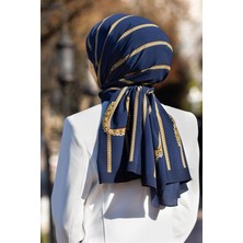 Vissona Lüks Medine Ipeği Zincir Desenli Lacivert Renkli 75X195 Kırışmaz Şal Moss Krep Dikiş Tipi Italyan Dikişli
