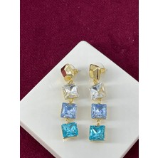 Calista Aksesuar Mavi Tonlarında Üç Kare Şekilli Sallantılı Gold Küpe