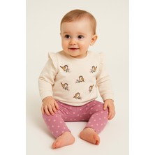 Dinamik çocuk Kız Bebek Kuş Nakışlı Puantiyeli 2li Alt Üst Takım Mevsimlik 2iplik 3-6-9-12AYLIK