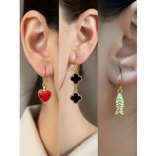 NKT Collection Balık Siyah Yonca Kırmızı Kalp Sembol Figürlü 3’lü Kadın Küpe Set