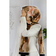 Vissona Lüks Medine Ipeği Sulu Boya Yaprak Desenli Vizon Renkli 75X195 Kırışmaz Şal Moss Krep Dikiş Tipi Italyan Dikişli