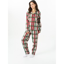 Ecrou Kadın Yeşil Ekose New Start Bebe Yaka Uzun Kol Pantolon Pijama Takım