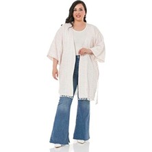 Disentis Modest Büyük Beden Yarasa Kollu Eteği Ponponlu Kuşaklı Cepli Astarlı Beyaz Üzerine Kırmızı Çizgili Kimono