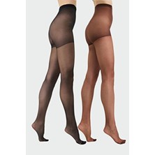 C&city İnce Büyük Beden 15 Denye 2'li Külotlu Çorap Kestane/Siyah
