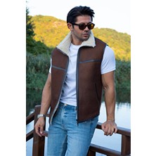 Fubileather Erkek Deri Yelek - Hakiki Kuzu Derisi Kahverengi Içi Gerçek Kürklü