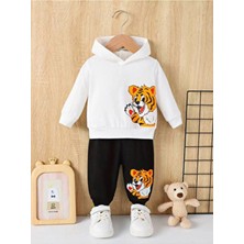 Sinser Teks Erkek/kız Çocuk Beyaz ''yandan Ayıcık'' Baskılı Kapüşonlu Eşofman Takımı