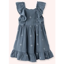 Panço Kız Çocuk Fırfır Detaylı Nakışlı Müslin Indigo Elbise Elbise