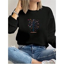 herkesemoda Mini Kelebekler Baskılı Bisiklet Yaka Içi Polarlı Sweatshirt
