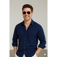 Bürke Uzun Kollu Lacivert Yazlık Keten Dokulu Erkek Gömlek Regular Kesim Klasik Stil