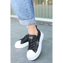 Shoegar Piata Siyah Cilt Beyaz Tabanlı Bağcıklı Spor Ayakkabı