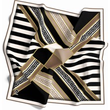 Violla Twill Çizgili Geometrik Desenli Vizon Renkli 90X90 Eşarp (Ipek Içermez) Kenar Dikiş Şekli El Dikişli