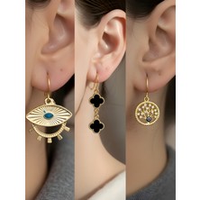 NKT Collection Siyah Yonca Göz Hayat Ağacı Sembol Figürlü 3’lü Kadın Küpe Set